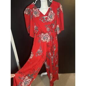 Bailey Blue Red Floral Faux Wrap Jumpsuit Women’s S Wide Leg Tie Waist Lined